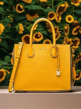 Michael Kors Mercer Accordion Tote Sunflower Yellow Leather Messenger Bag